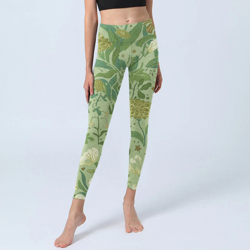 Buddha Stones Various Flower Leaves Pattern Print Gym Leggings Women's Yoga Pants
