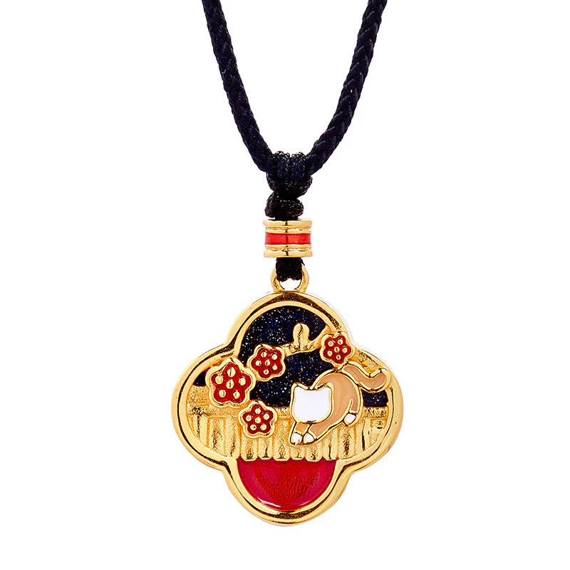 Buddha Stones 925 Sterling Silver Plum Blossom Cat Four Leaf Clover Blessing Necklace Pendant