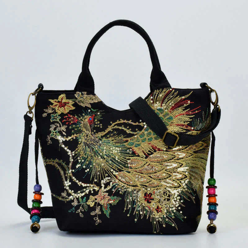 Buddha Stones Peacock Double-sided Embroidery Tote Bag Shoulder Bag Crossbody Bag