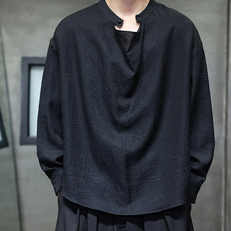 Buddha Stones Spring Solid Color Pleated Stand Collar Design Tang Suit Men's Long Sleeve Linen Shirt