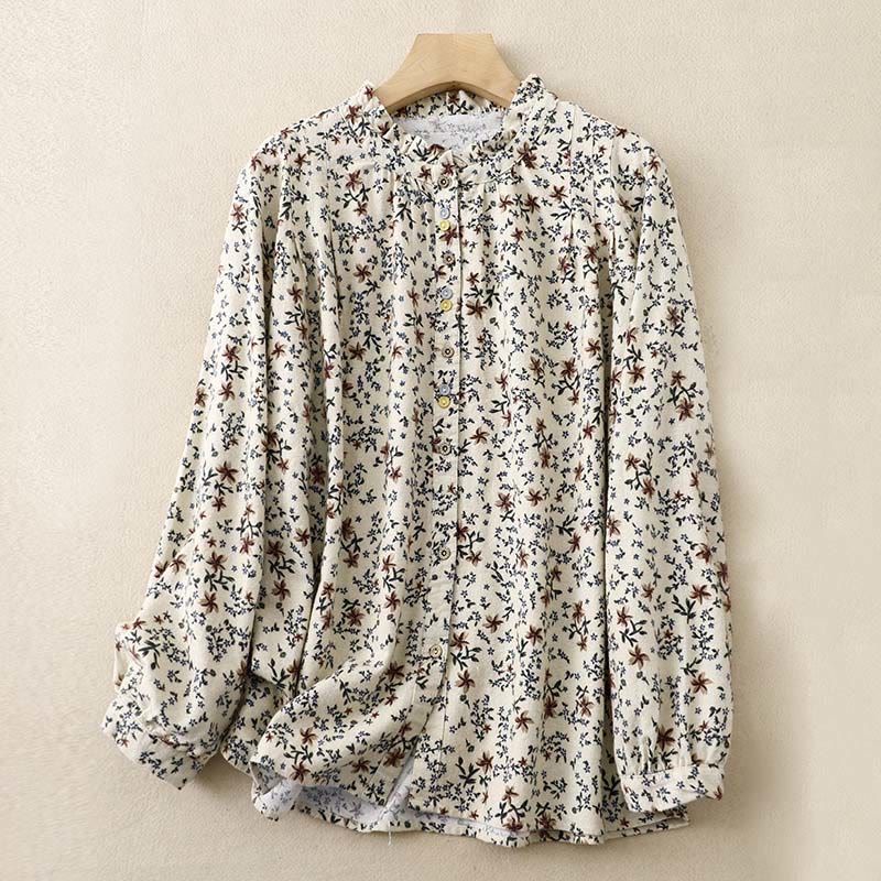 Buddha Stones Casual Florals Crew Neck Cotton Linen Women's Shirt