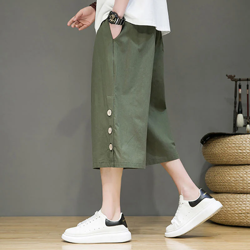 Buddha Stones Casual Plain Side Button Design Drawstring Men's Cotton Cropped Pants With Pockets