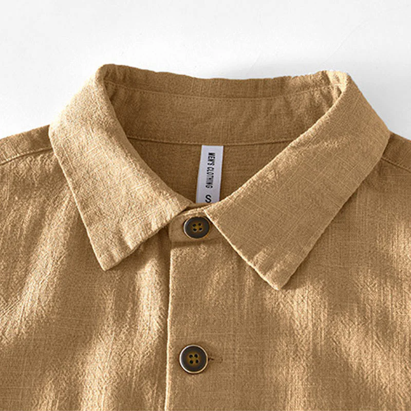 Buddha Stones Casual Plain Simple Buttons Design Men's Long Sleeve Ramie Linen Jacket With Pockets