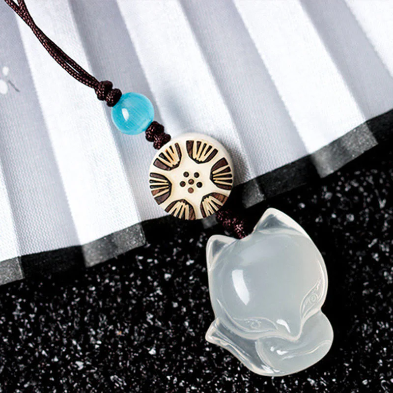 Buddha Stones Natural Chalcedony Fox Harmony Phone Hanging Decoration