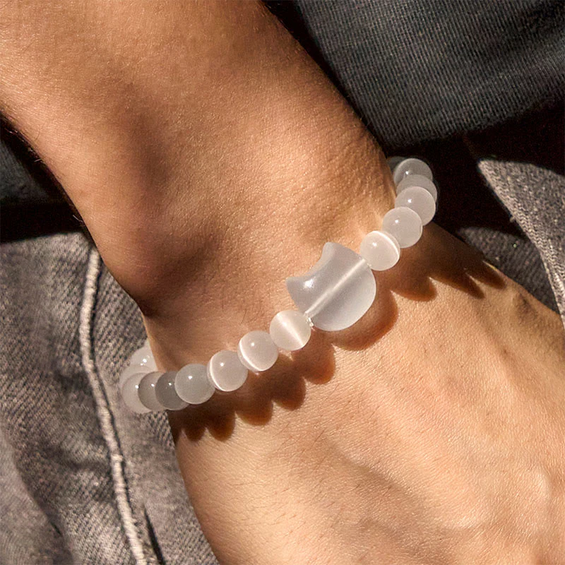 Buddha Stones Lovely Cat Head Pink Cat's Eye White Cat's Eye Spiritual Beads Bracelet