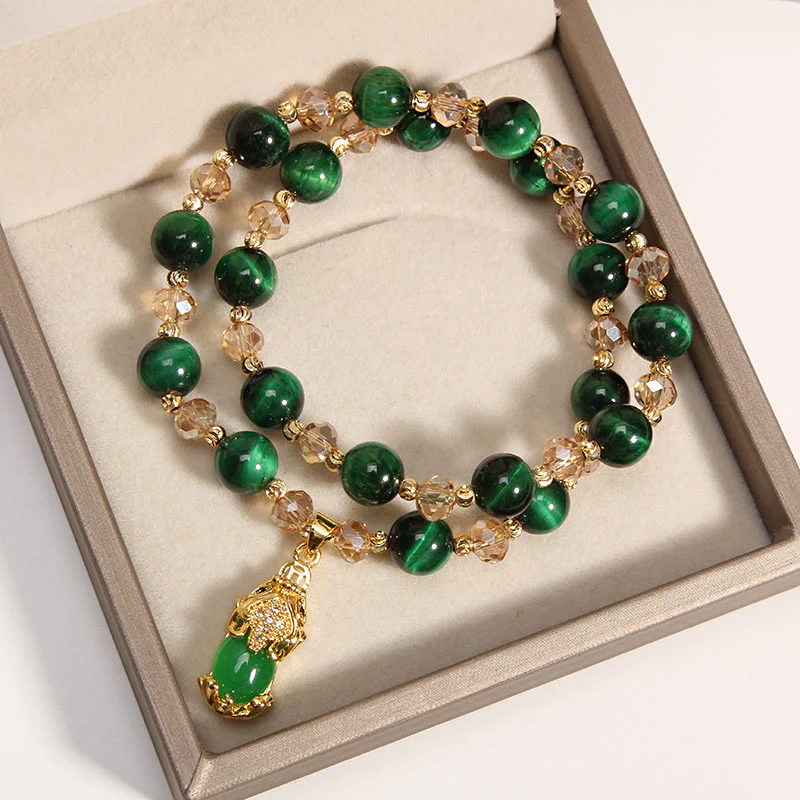 Buddha Stones Tiger Eye Pixiu Fox Money Bag Protection Self Confidence Double Wrap Bracelet