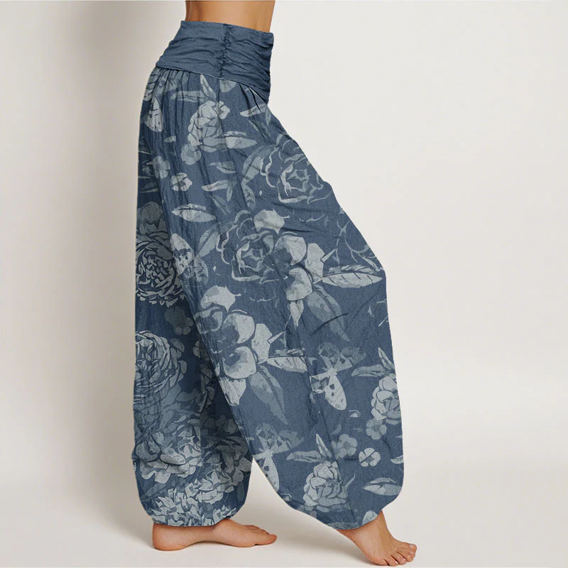 Buddha Stones Casual Peony Flowers Leaves Women's Elastic Waist Harem Pants