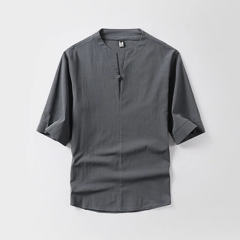 Buddha Stones Casual Plain Color One Button Three Quarter Sleeve Cotton Linen Men's Shirt