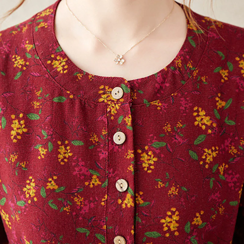 Buddha Stones Casual Ethnic Printing Floral Buttons Design Cotton Linen Midi Dress With Pockets