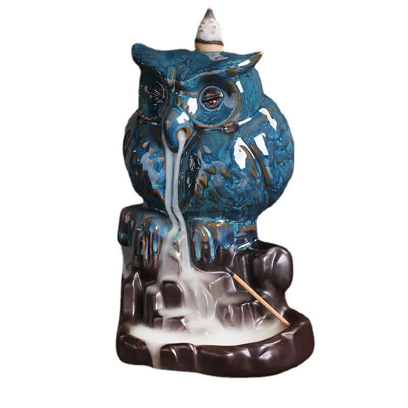 Buddha Stones Cute Owl Ceramic Backflow Smoke Fountain Meditation Healing Incense Burner Decoration