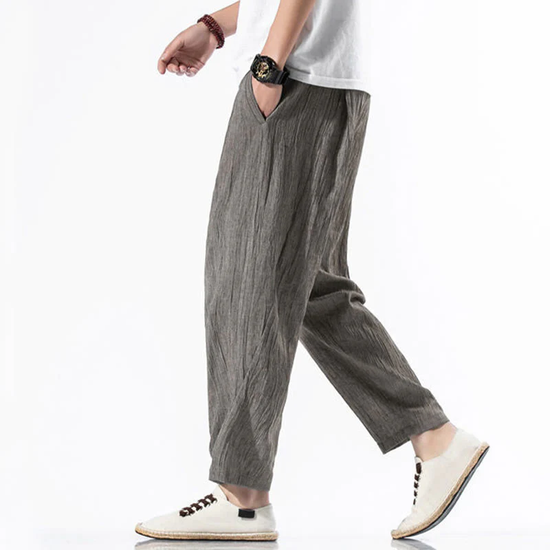 Buddha Stones Casual Plain Pleated Design Drawstring Men's Long Cotton Linen Harem Pants With Pockets