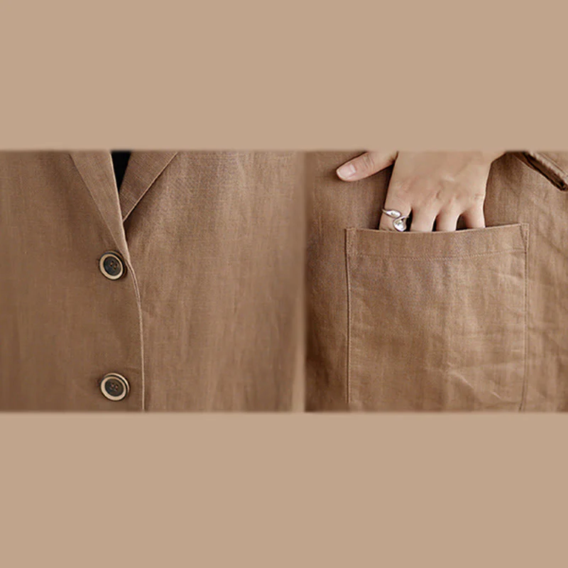 Buddha Stones Casual Fall Buttons Design Lapel Women's Cotton Linen Coat With Pockets