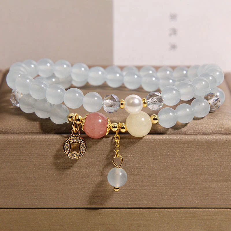 Buddha Stones Tourmaline Purple Jade Aquamarine Jade Copper Coin Positive Double Wrap Bracelet