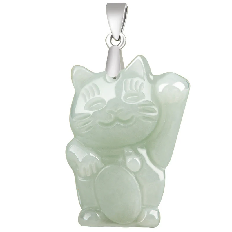 Buddha Stones 925 Sterling Silver Jade Fortune Cat Prosperity Necklace Pendant