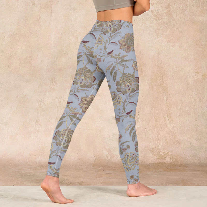 Buddha Stones Grey Green Leaves Flowers Print Gym Leggings Women's Yoga Pants