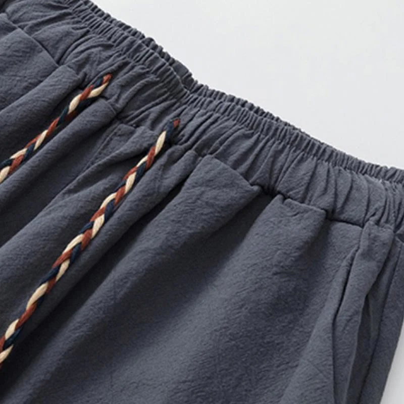 Buddha Stones Summer 2Pcs Plain Crew Neck T-Shirt Drawstring 7-8 Length Pants Cotton Linen Tang Suit Men's Meditation Cloth Set With Pockets