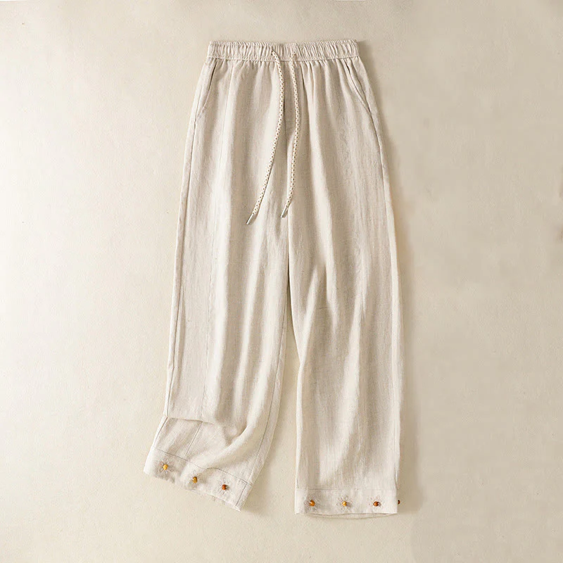 Buddha Stones Casual Embroided Bead Drawstring Women's Wide Leg Cotton Pants With Pockets