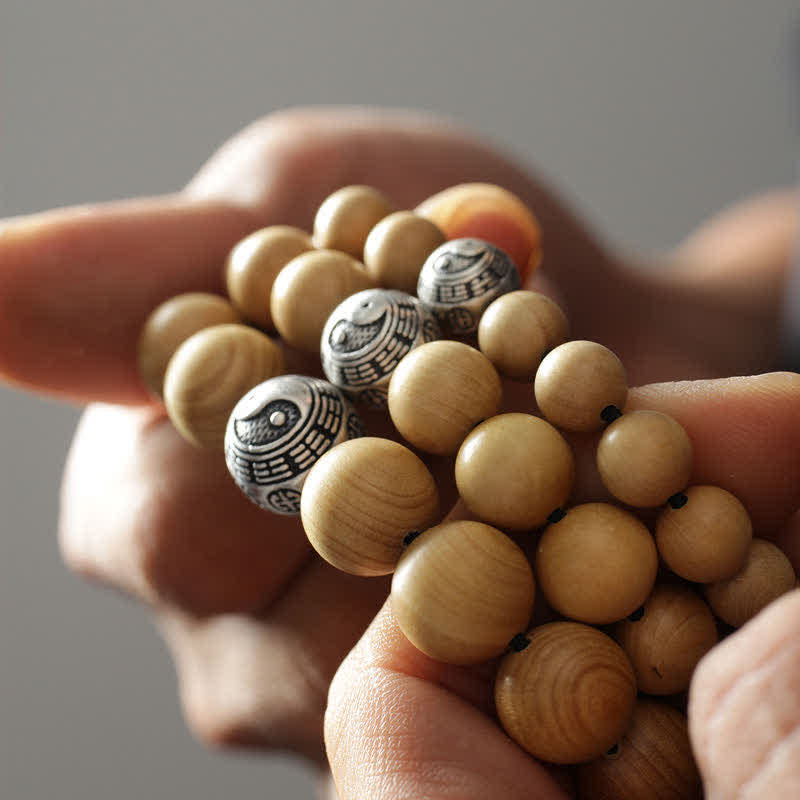Buddha Stones Tibet Peach Wood Lotus Cinnabar Bagua Yin Yang Luck Wealth Bracelet