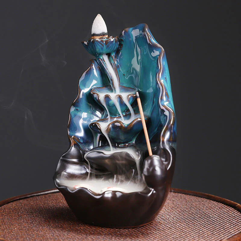 Buddha Stones Blue Lotus Leaf Ceramic Backflow Smoke Fountain Spiritual Incense Burner Decoration