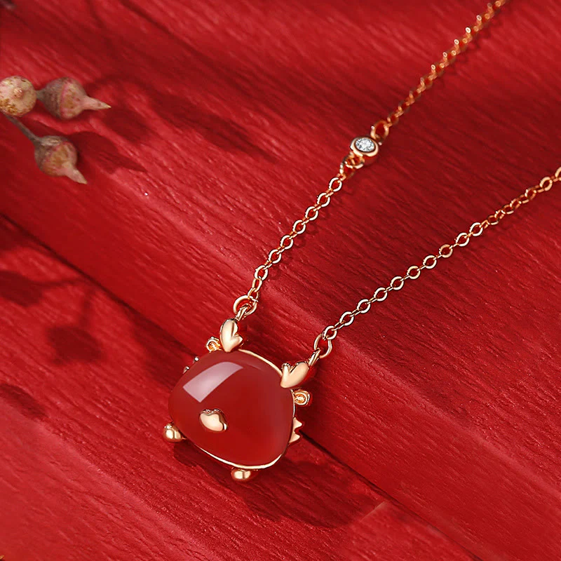 Buddha Stones 925 Sterling Silver Year of the Dragon Natural Hetian Jade Red Agate Cute Dragon Protection Success Bracelet Necklace Pendant Earrings