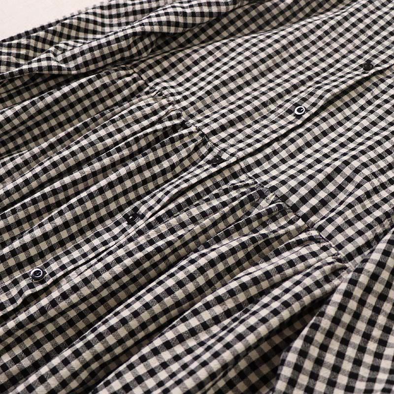 Buddha Stones Casual Plaid Simple Buttons Ruffled Design Cotton Linen Midi Dress With Pockets