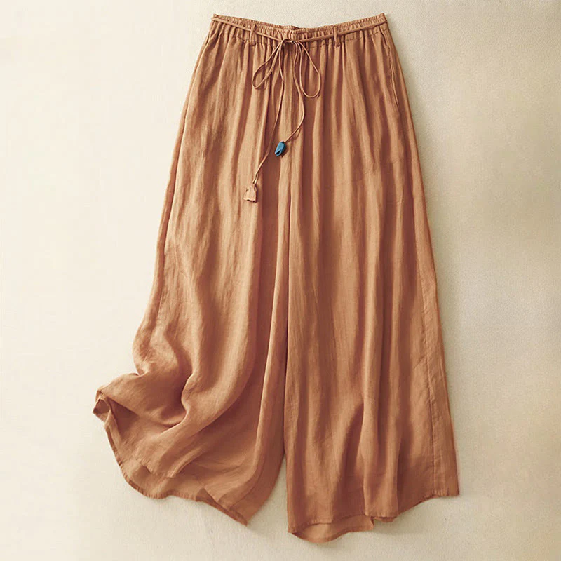 Buddha Stones Simple Design Drawstring Linen Women's Wide Leg Pants With Pockets