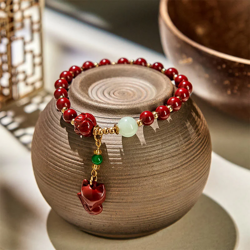Buddha Stones Cinnabar Lotus Cute Fox Charm Blessing Bracelet