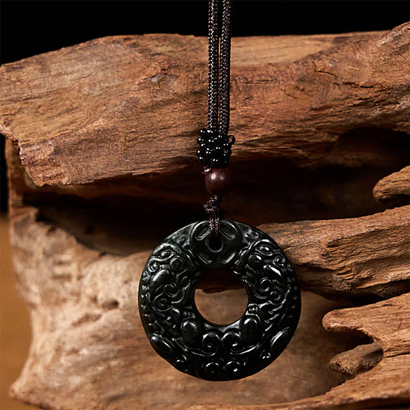 Buddha Stones Tibetan Nanyang Black-Green Jade PiXiu Peace Buckle Protection Necklace Pendant