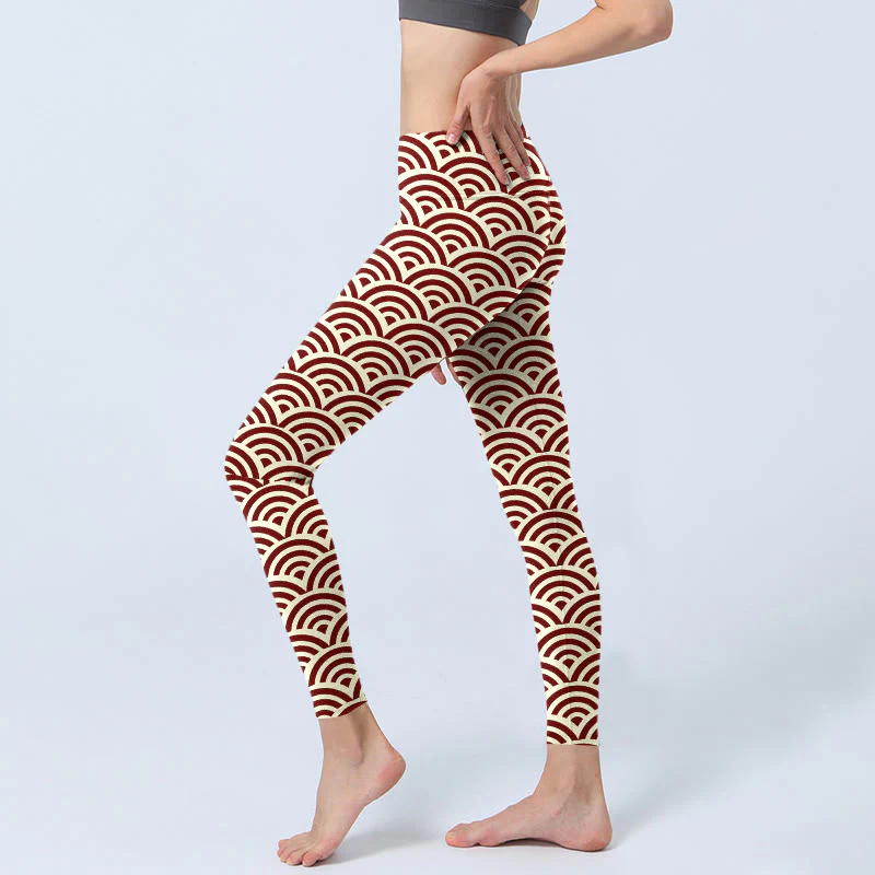Buddha Stones Red Beige Fan Shapes Print Gym Leggings Women's Yoga Pants