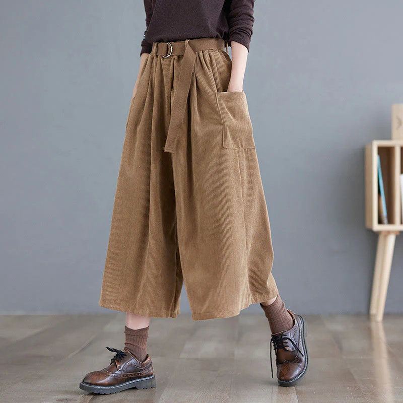 Buddha Stones Retro Women's Wide Leg 7-8 Length Corduroy Cotton Pants With Pockets Belt