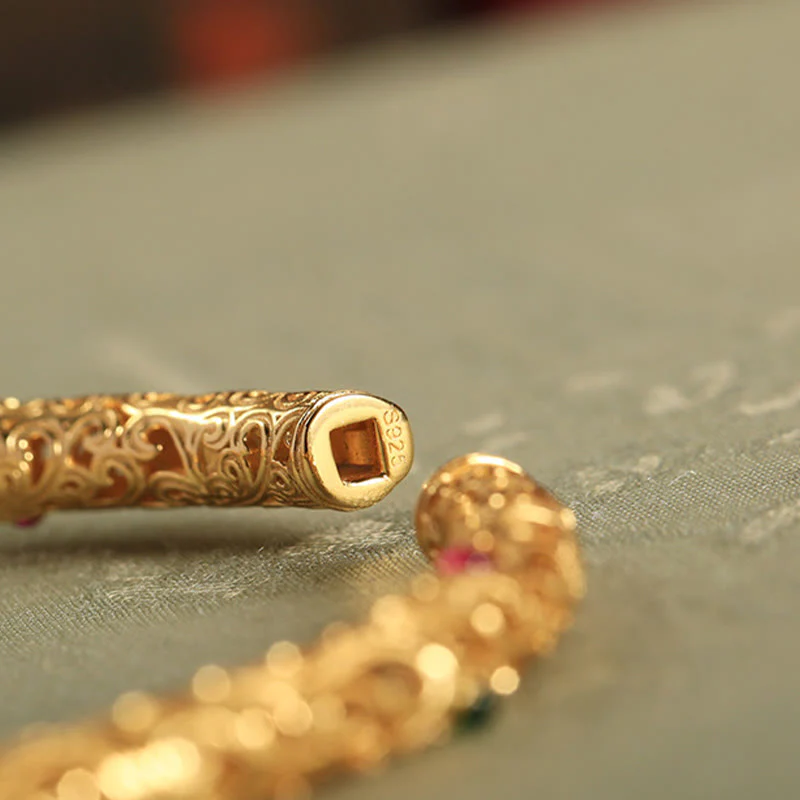 Buddha Stones Cyan Jade Copper Plated Gold Auspicious Clouds Gourd Luck Bracelet Bangle