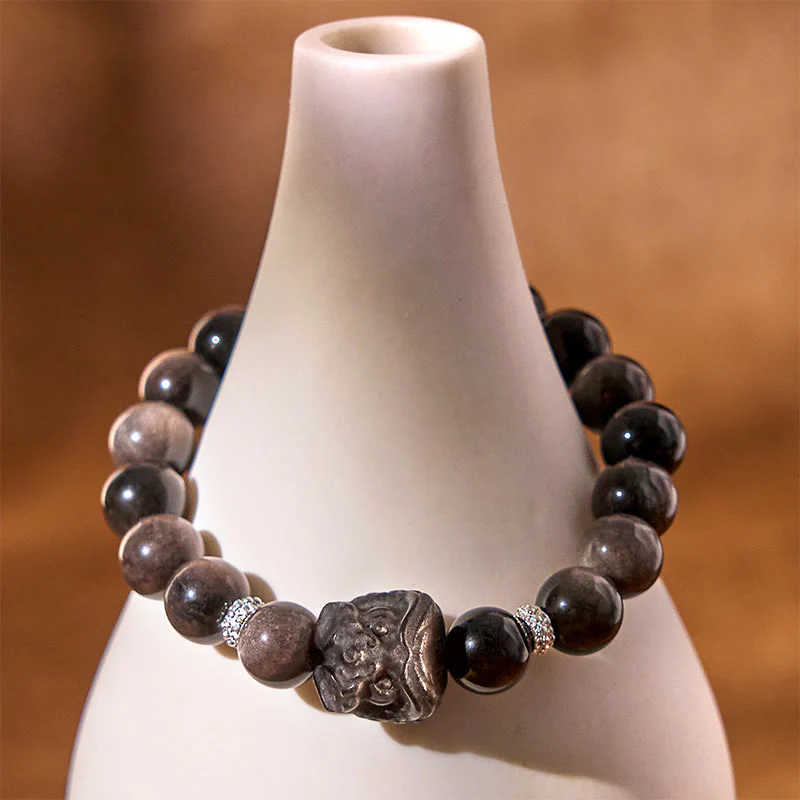 Buddha Stones Natural Silver Sheen Obsidian Lion Dance Protection Bracelet