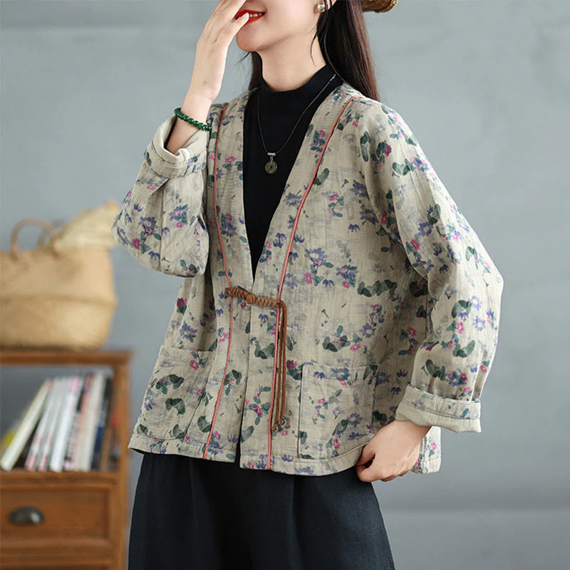 Buddha Stones Printing Floral Frog-Button Open Front Cardigan Cotton Linen Jacket With Pockets
