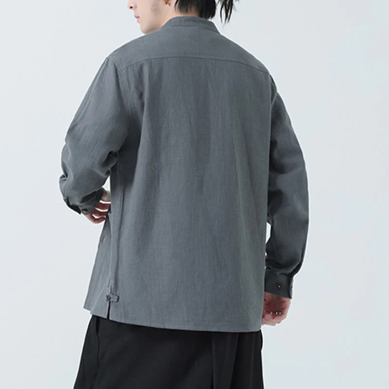 Buddha Stones Men's Button Ramie Linen Cotton Fleece Lined Jacket Shirt With Pockets