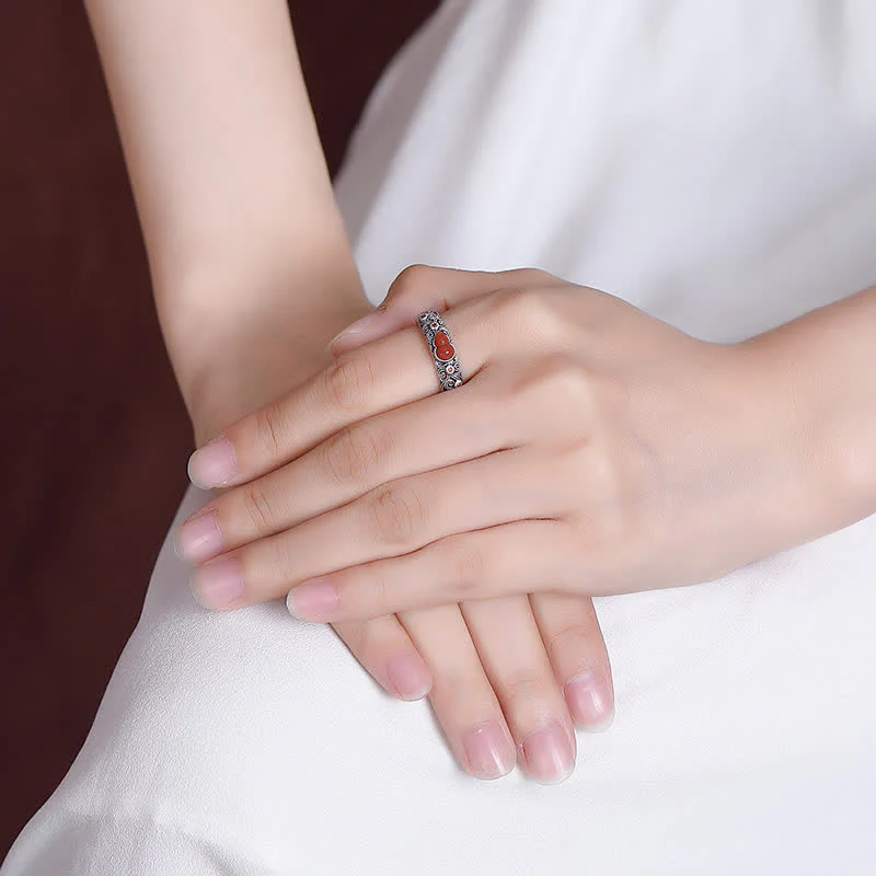 Buddha Stones 925 Sterling Silver Red Agate Cyan Jade Gourd Blessing Auspicious Ring