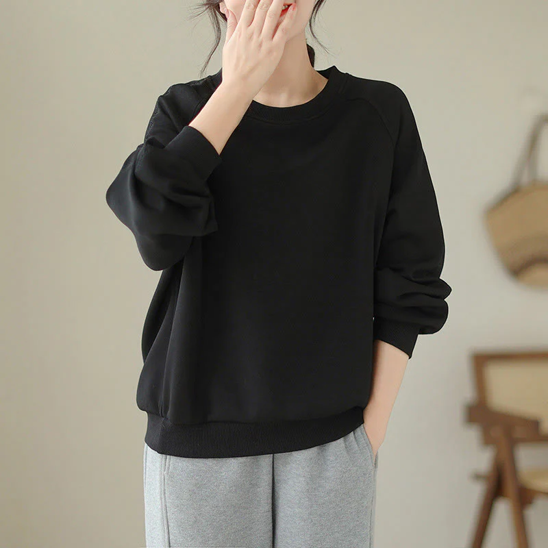 Buddha Stones Fall Plain Crew Neck Cotton Pullover Women's Sweatshirt