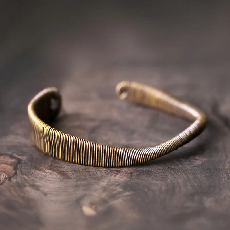 Buddha Stones Simple Design Wrapped Copper Luck Wealth Adjustable Cuff Bracelet