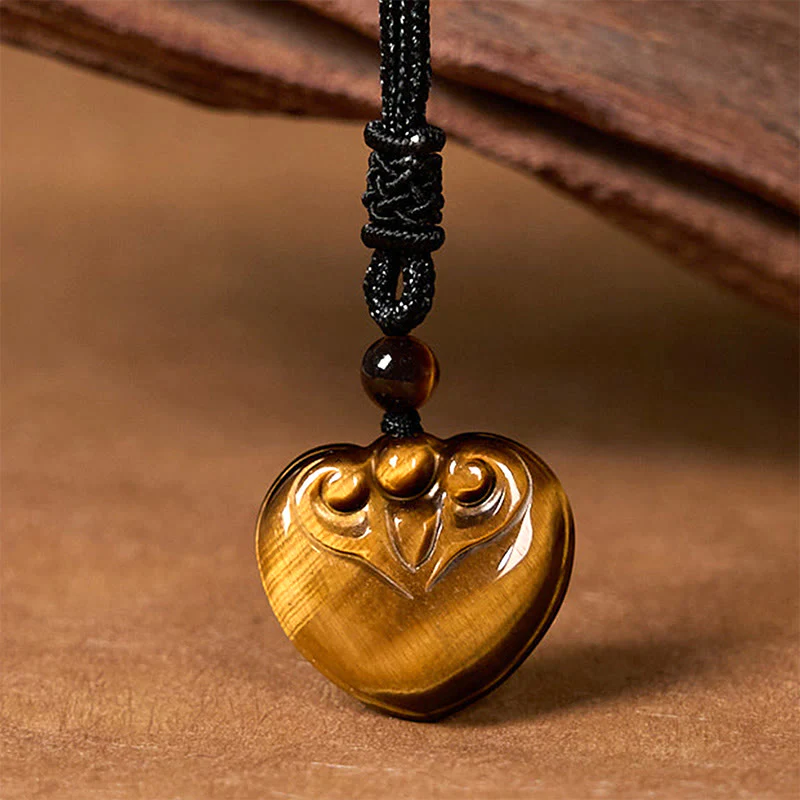 Buddha Stones Natural Tiger Eye Love Heart Pattern Protection Rope Necklace Pendant
