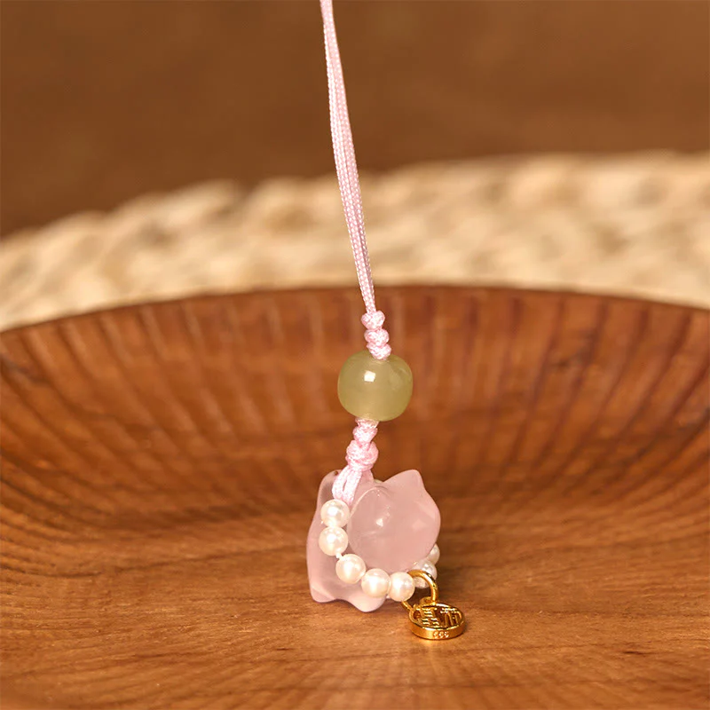 Buddha Stones Pink Crystal Amethyst Citrine Pearl Fu Character Lucky Kitten Warmth Phone Hanging Decoration