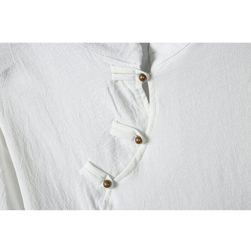 Buddha Stones Summer Chinese Frog-Button Printing Men's Plain Patchwork Half Sleeve Cotton Linen Shirt