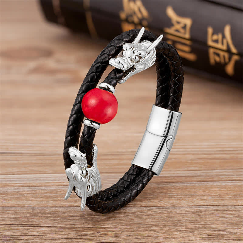 Buddha Stones Double Dragon Head Leather Stone Titanium Steel Success Bracelet (Extra 35% Off | USE CODE: FS35)