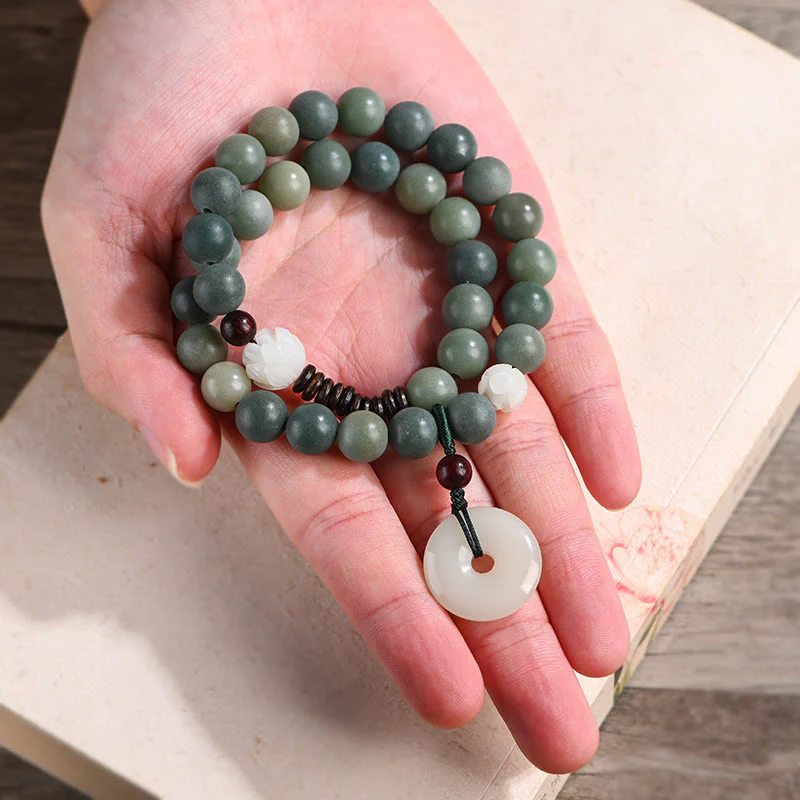 Buddha Stones Cyan Bodhi Seed Lotus Jade Peace Buckle Wisdom Double Wrap Bracelet