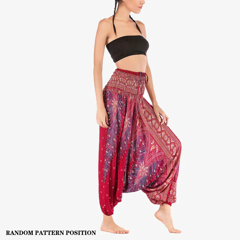 Buddha Stones Two Style Wear Feathers Geometric Pattern Loose Smocked Trousers Jumpsuit Women's Yoga Pants