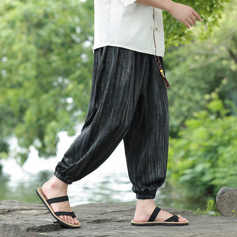Buddha Stones Summer Black Stripes Drawstring Men's Harem Pants With Pockets