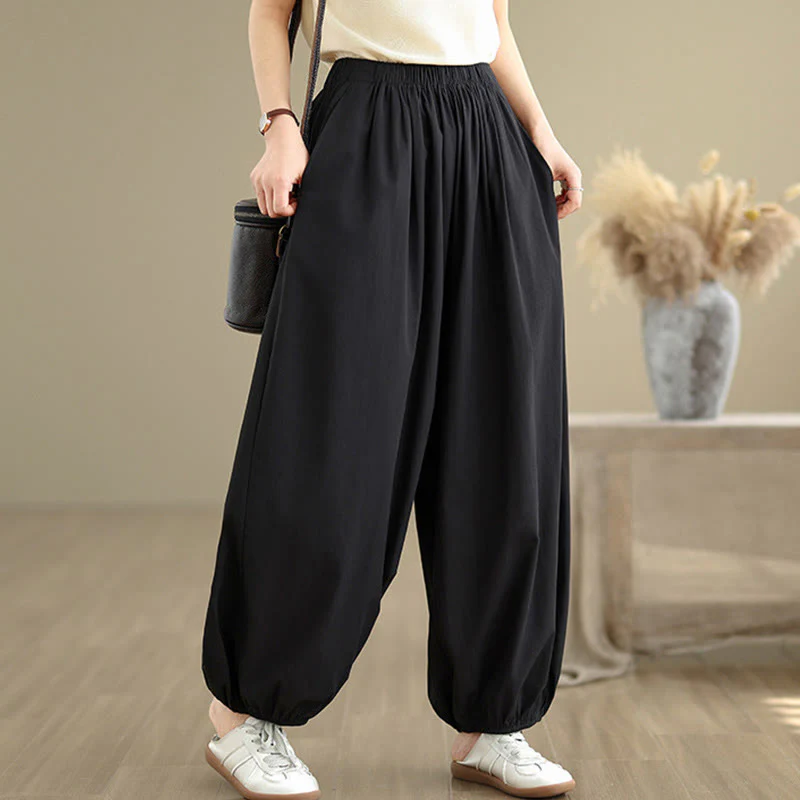 Buddha Stones Commute Summer Plain Women's Cotton Bloomers Pants With Pockets