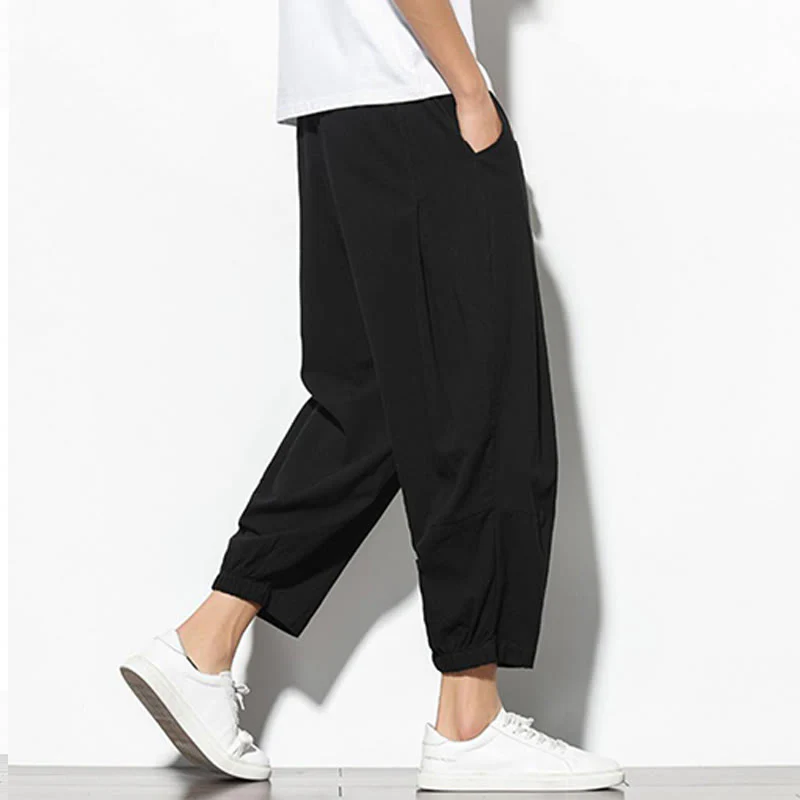 Buddha Stones Summer Men's 7-8 Length Cotton Linen Carrot Pants With Pockets