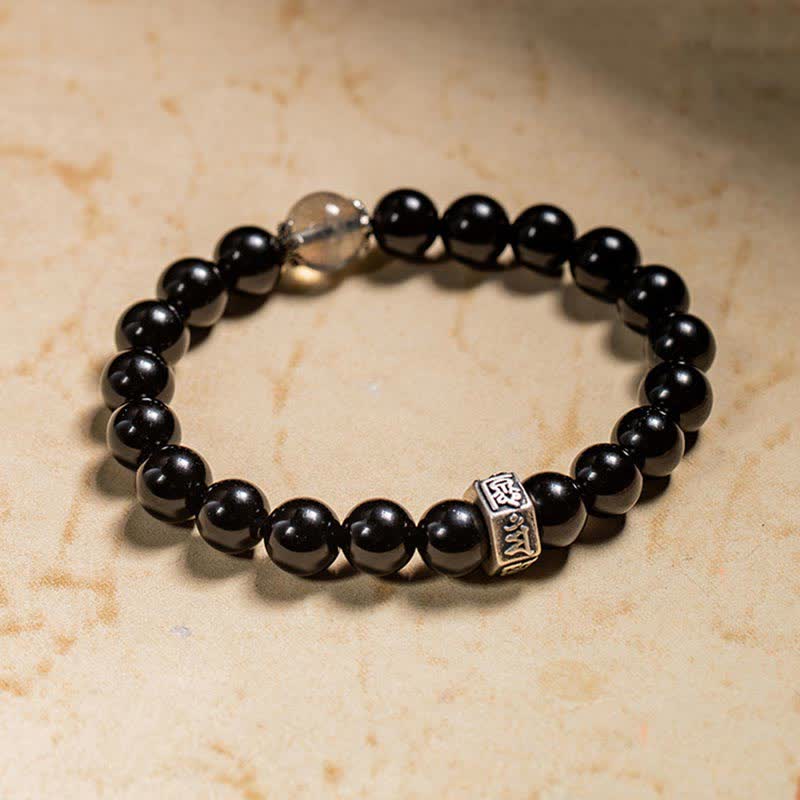 Buddha Stones Chinese Zodiac Natal Buddha 925 Sterling Silver Black Obsidian Moonstone Strength Bracelet