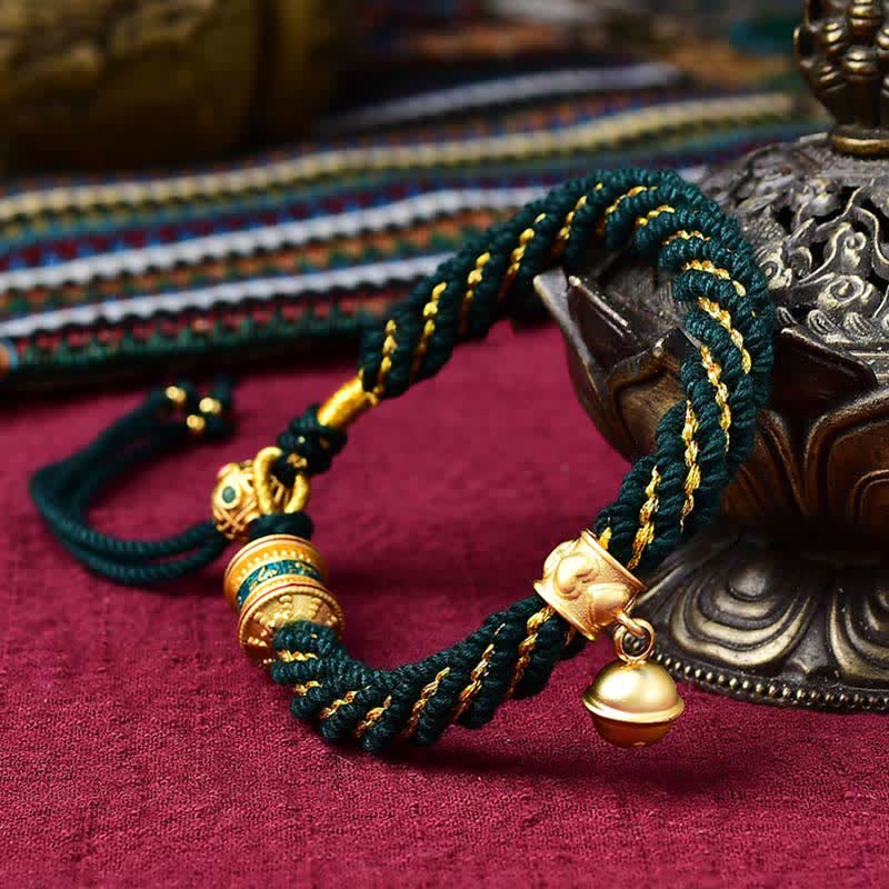 Buddha Stones Tibetan Handmade Luck Protection Thangka Prayer Wheel Bell Charm Braid String Bracelet