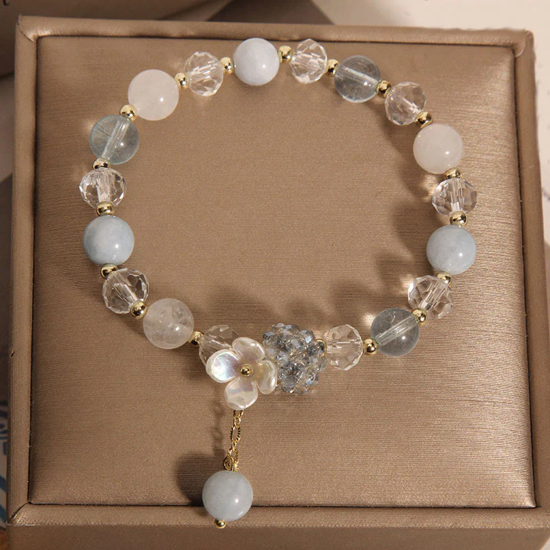 Buddha Stones Aquamarine Yellow Cat's Eye Stone Flower Peace Bracelet