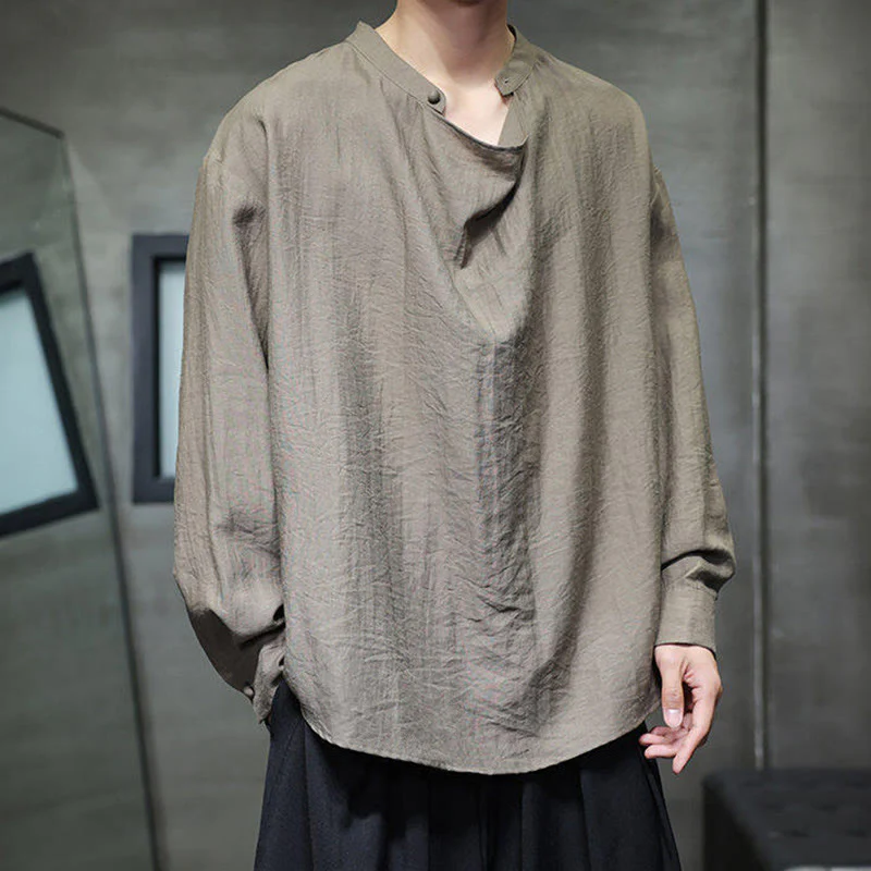 Buddha Stones Spring Solid Color Pleated Stand Collar Design Tang Suit Men's Long Sleeve Linen Shirt